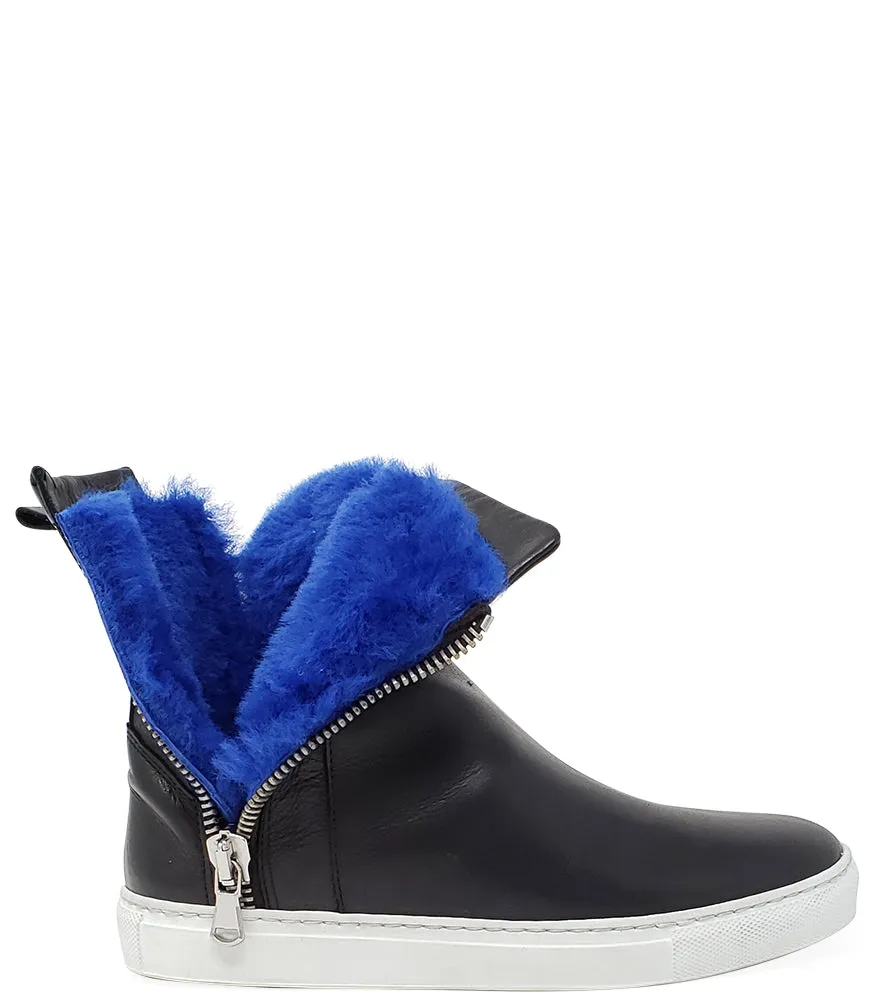 Black Leather Double Zip Shearling Boot