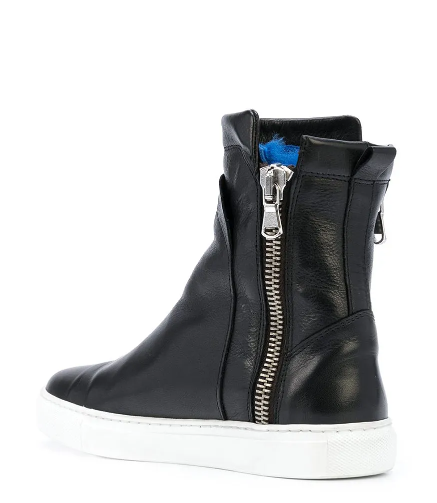 Black Leather Double Zip Shearling Boot