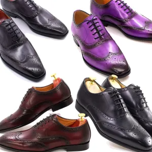Genuine Calfskin Leather Men's Purple Wingtip Oxford Shoes