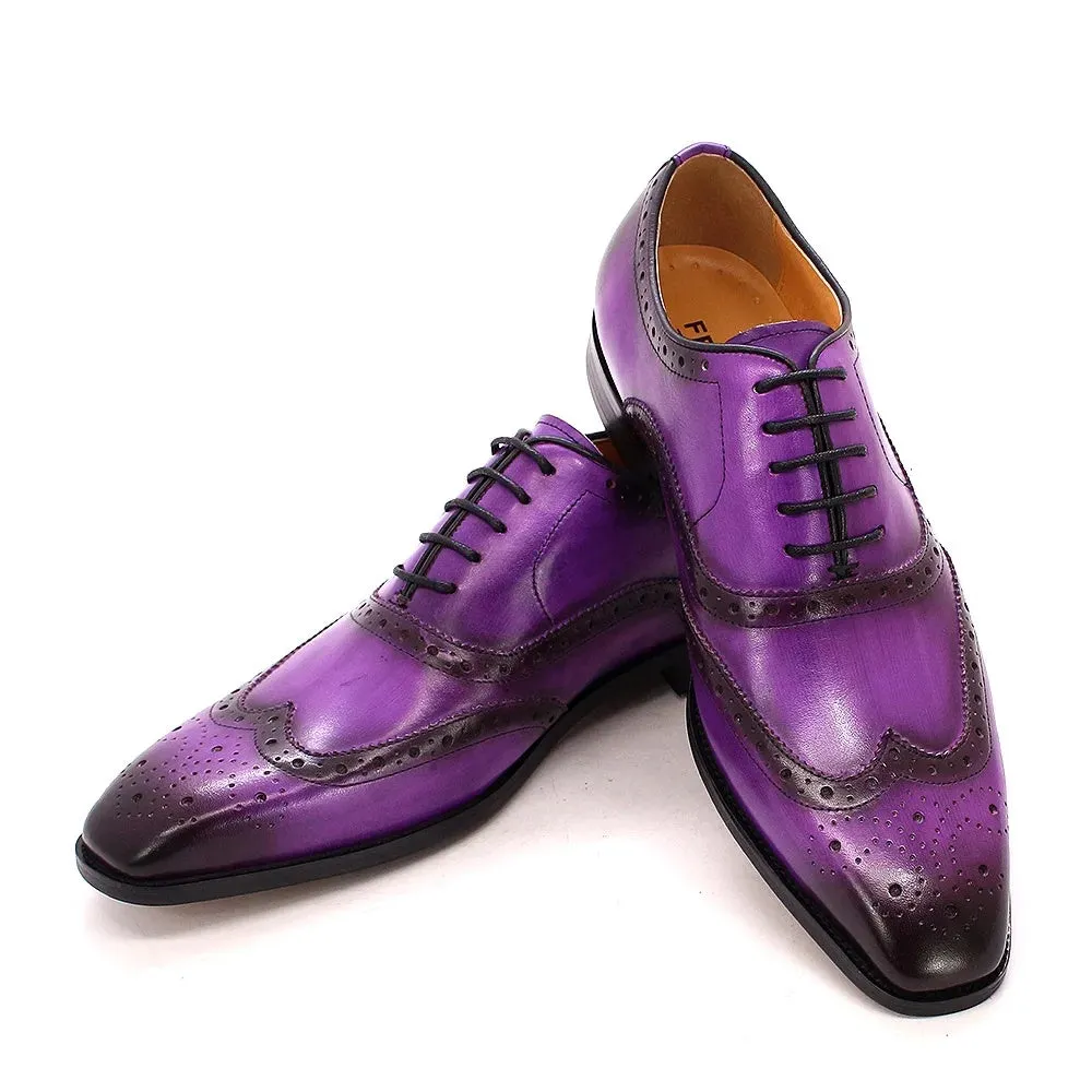Genuine Calfskin Leather Men's Purple Wingtip Oxford Shoes