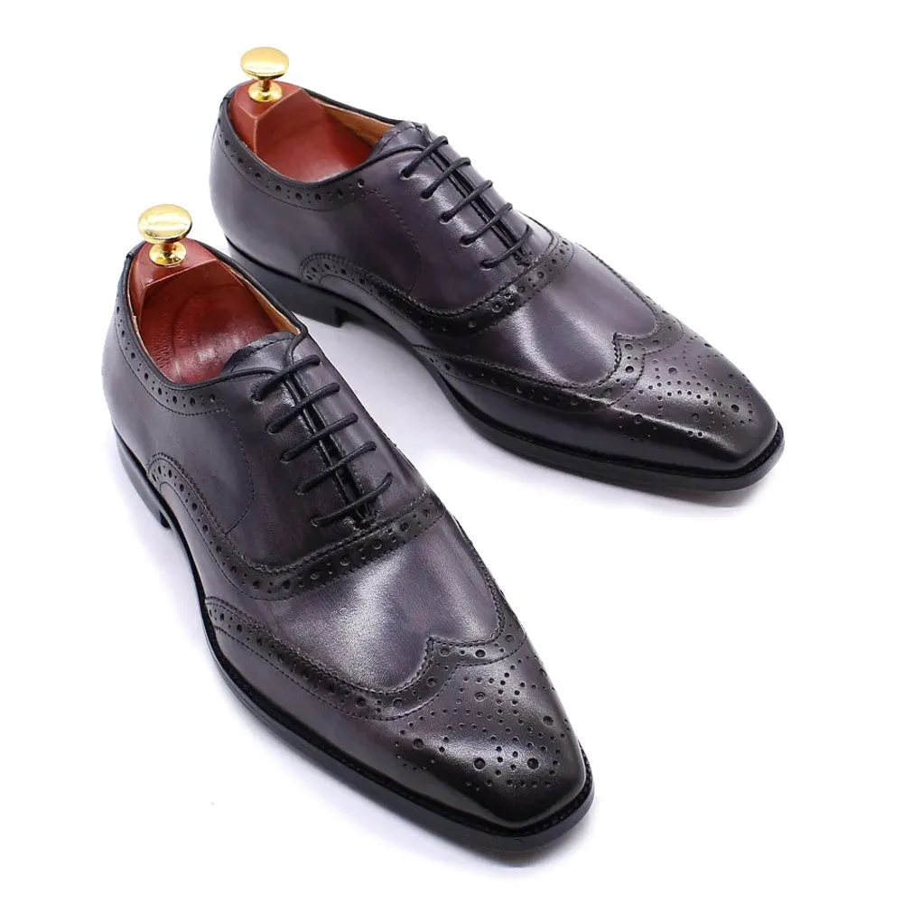Genuine Calfskin Leather Men's Purple Wingtip Oxford Shoes