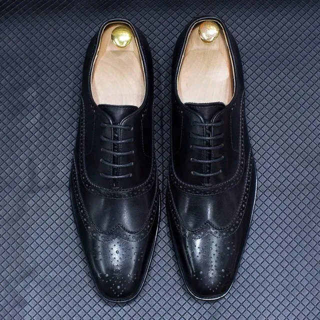 Genuine Calfskin Leather Men's Purple Wingtip Oxford Shoes