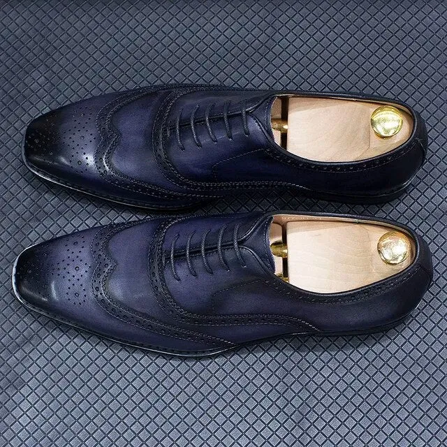 Genuine Calfskin Leather Men's Purple Wingtip Oxford Shoes