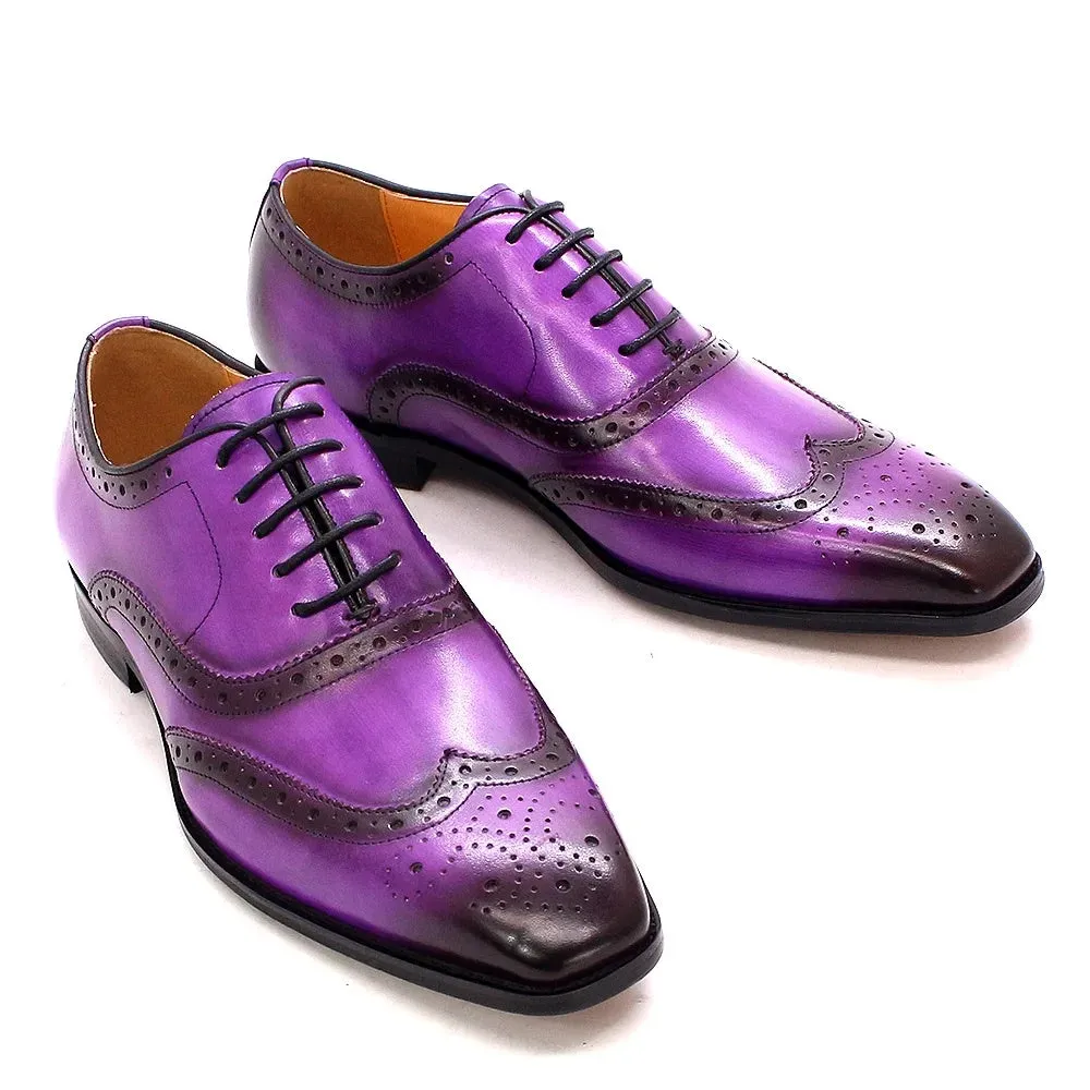 Genuine Calfskin Leather Men's Purple Wingtip Oxford Shoes