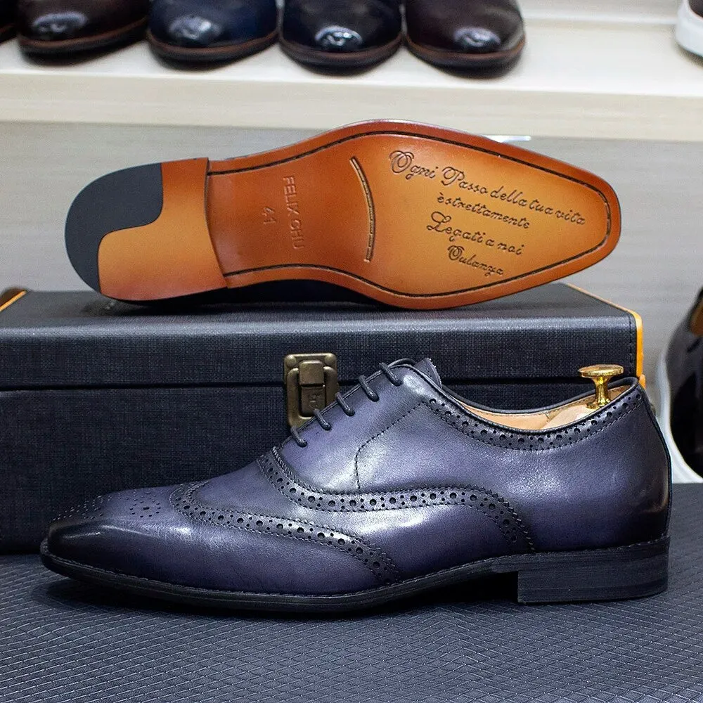 Genuine Calfskin Leather Men's Purple Wingtip Oxford Shoes