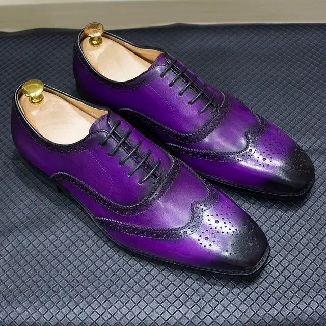 Genuine Calfskin Leather Men's Purple Wingtip Oxford Shoes
