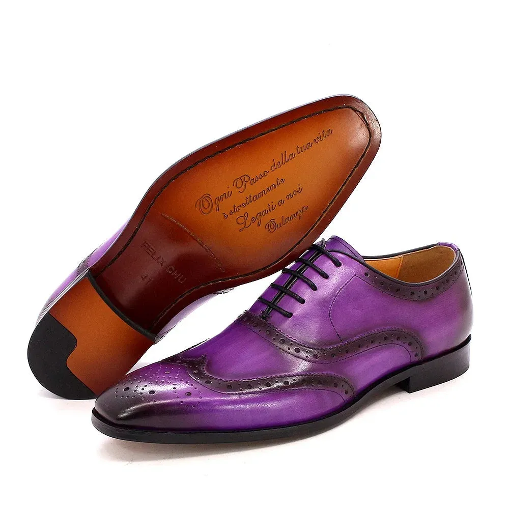 Genuine Calfskin Leather Men's Purple Wingtip Oxford Shoes