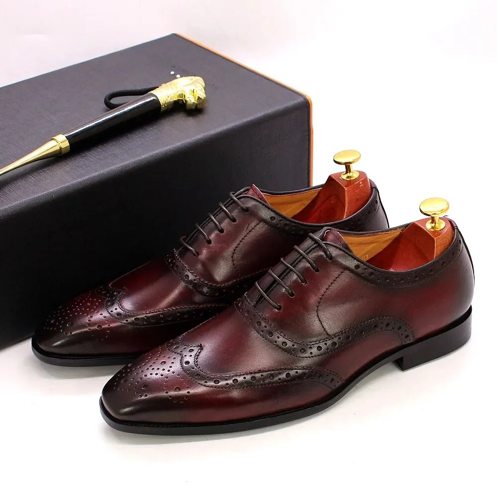 Genuine Calfskin Leather Men's Purple Wingtip Oxford Shoes
