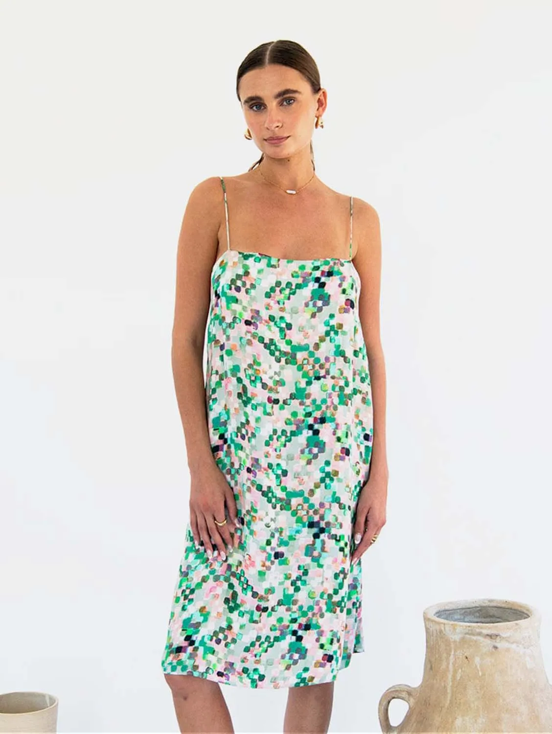Julianne Satin TENCEL™ Boxy Slip Dress | Pixel Print