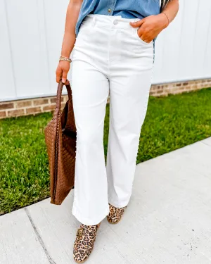 White High Waisted Wide Leg Denim With Pearl Details