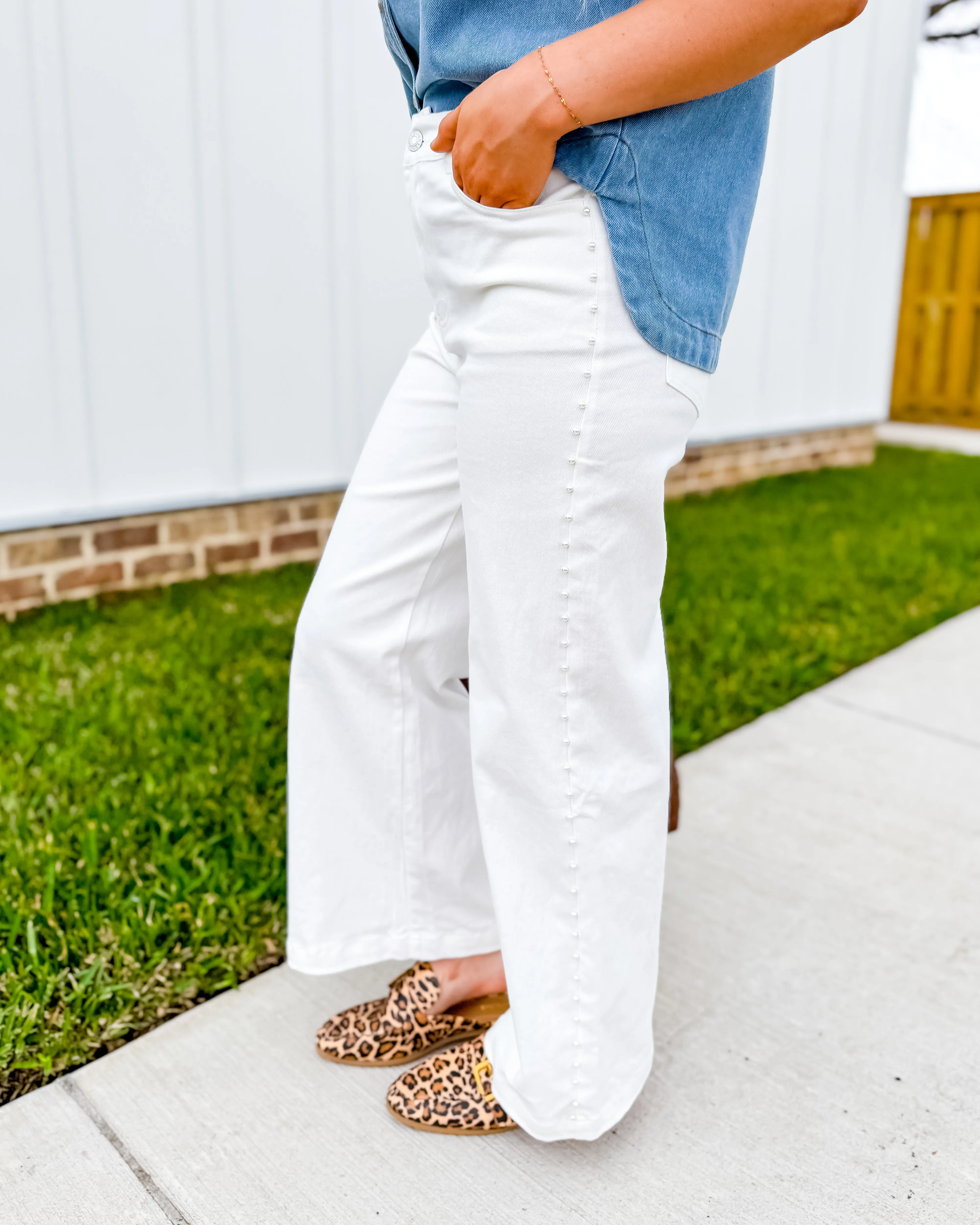 White High Waisted Wide Leg Denim With Pearl Details