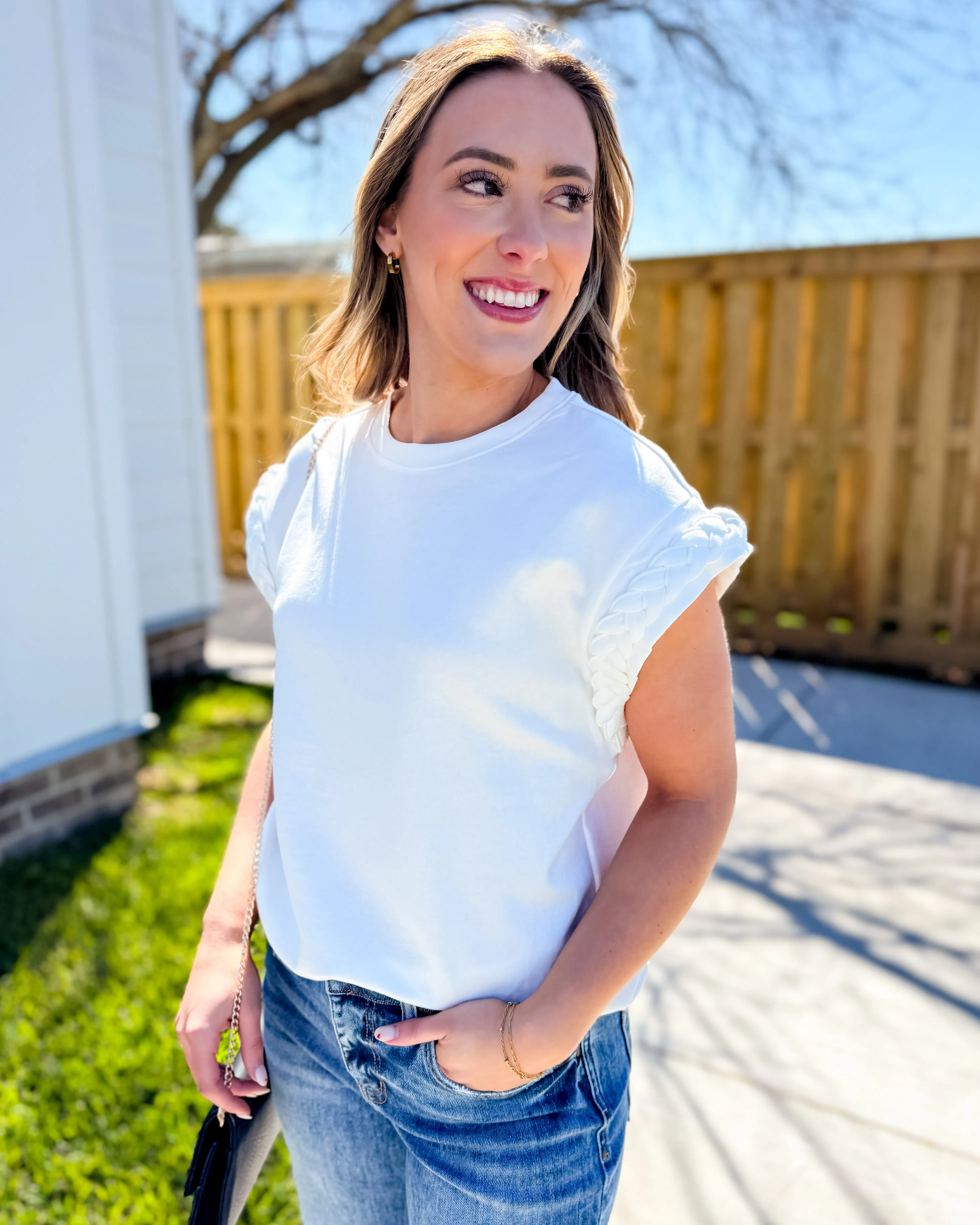 White Solid Cap Sleeve Top with Braided Detail