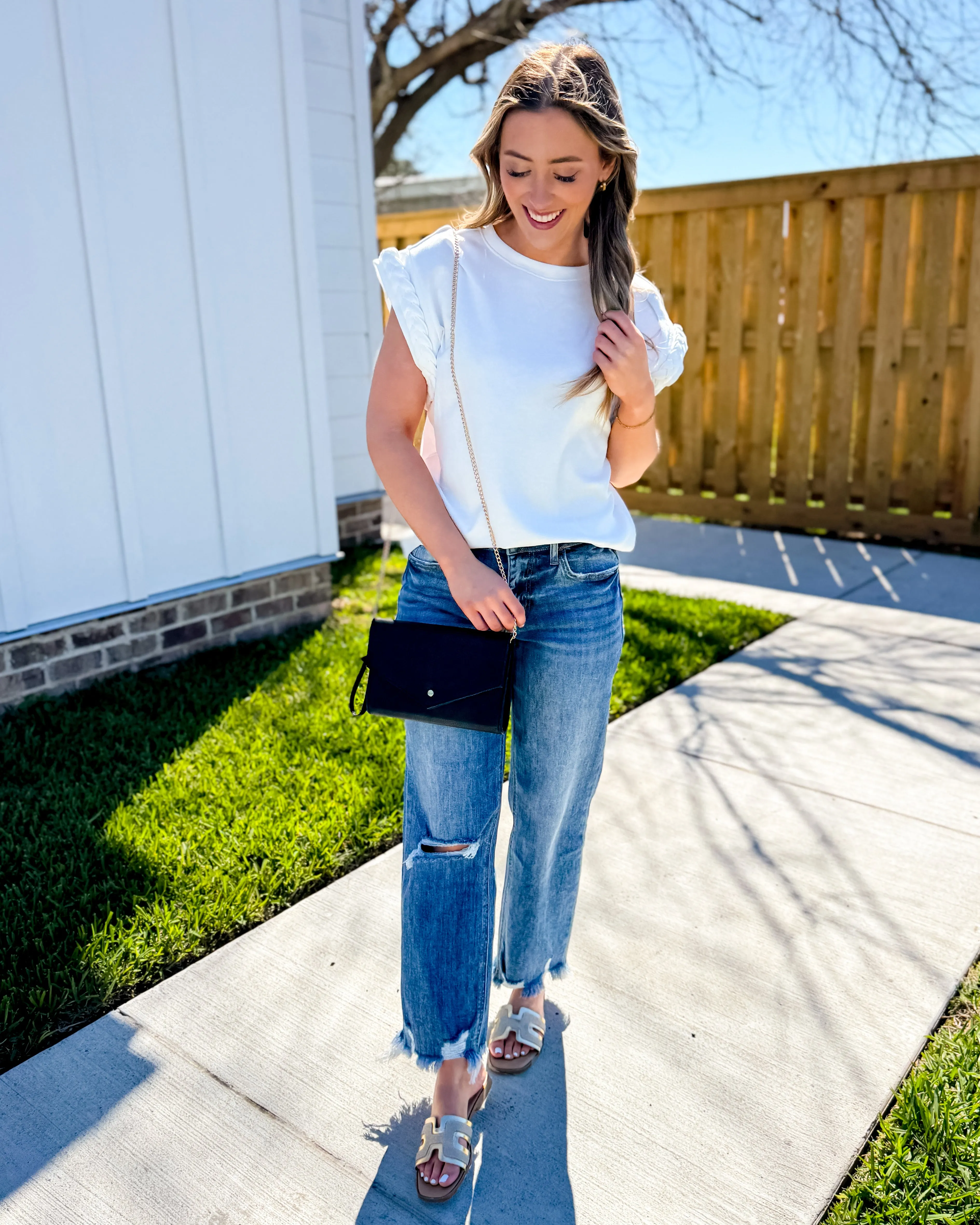 White Solid Cap Sleeve Top with Braided Detail