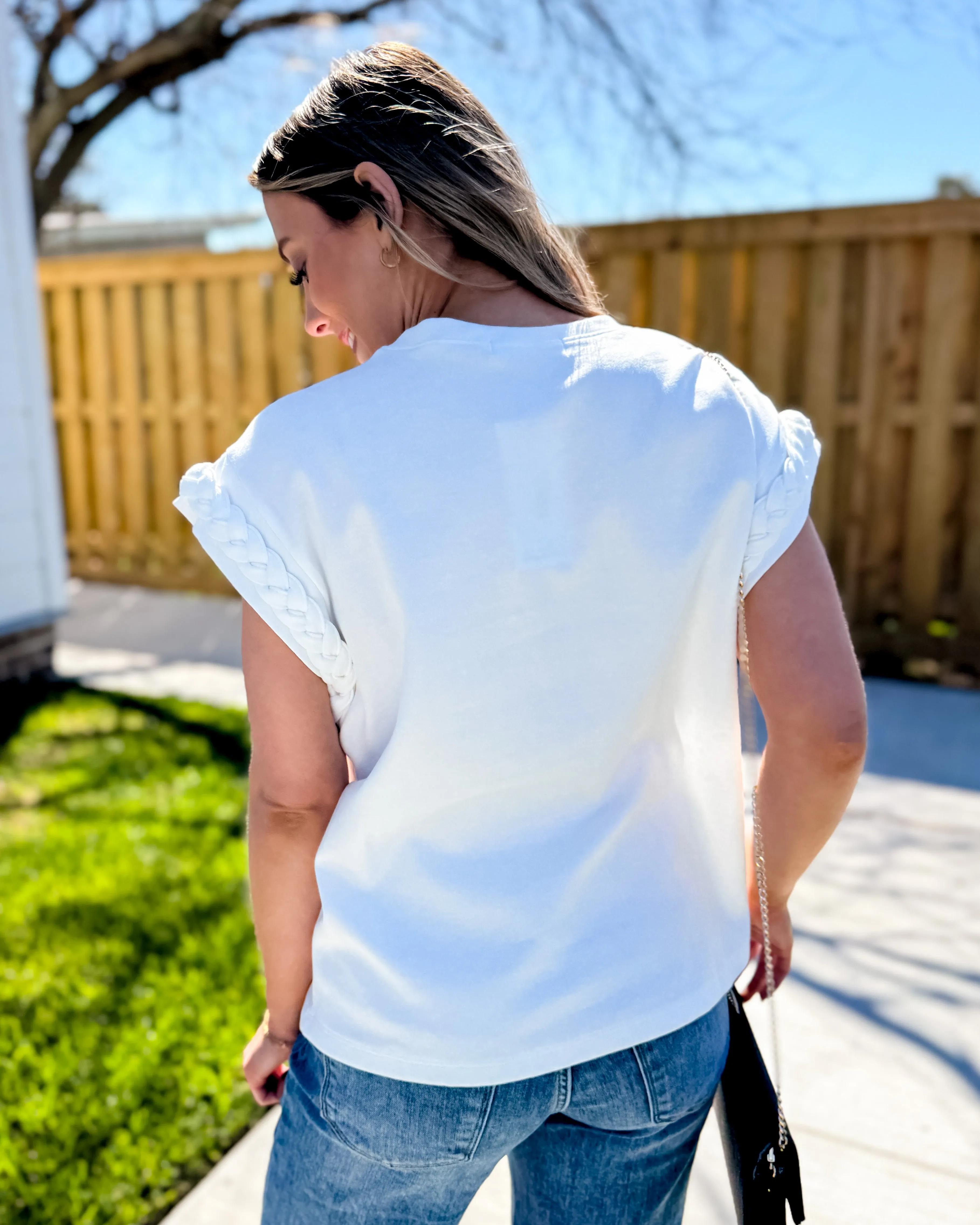 White Solid Cap Sleeve Top with Braided Detail