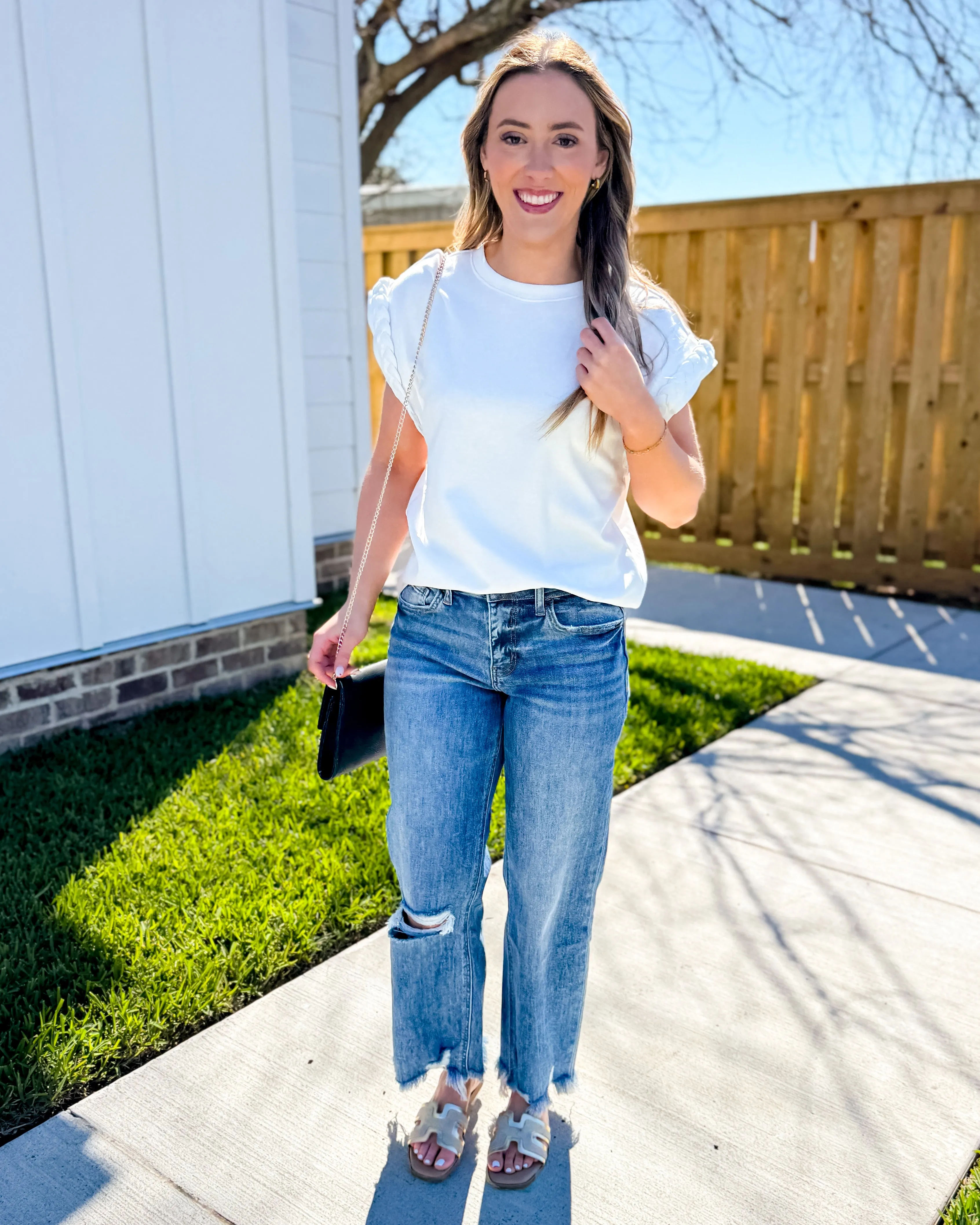 White Solid Cap Sleeve Top with Braided Detail
