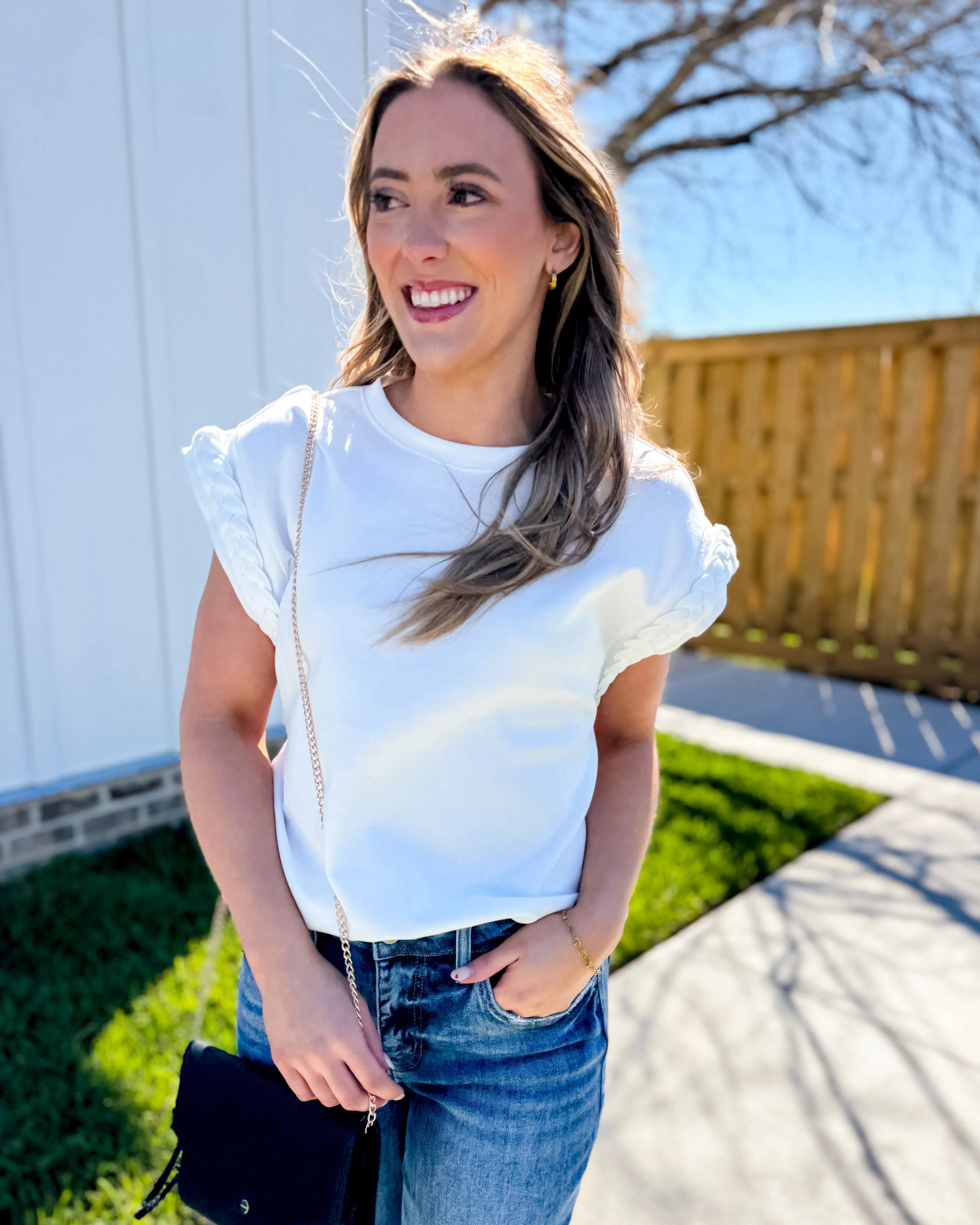 White Solid Cap Sleeve Top with Braided Detail