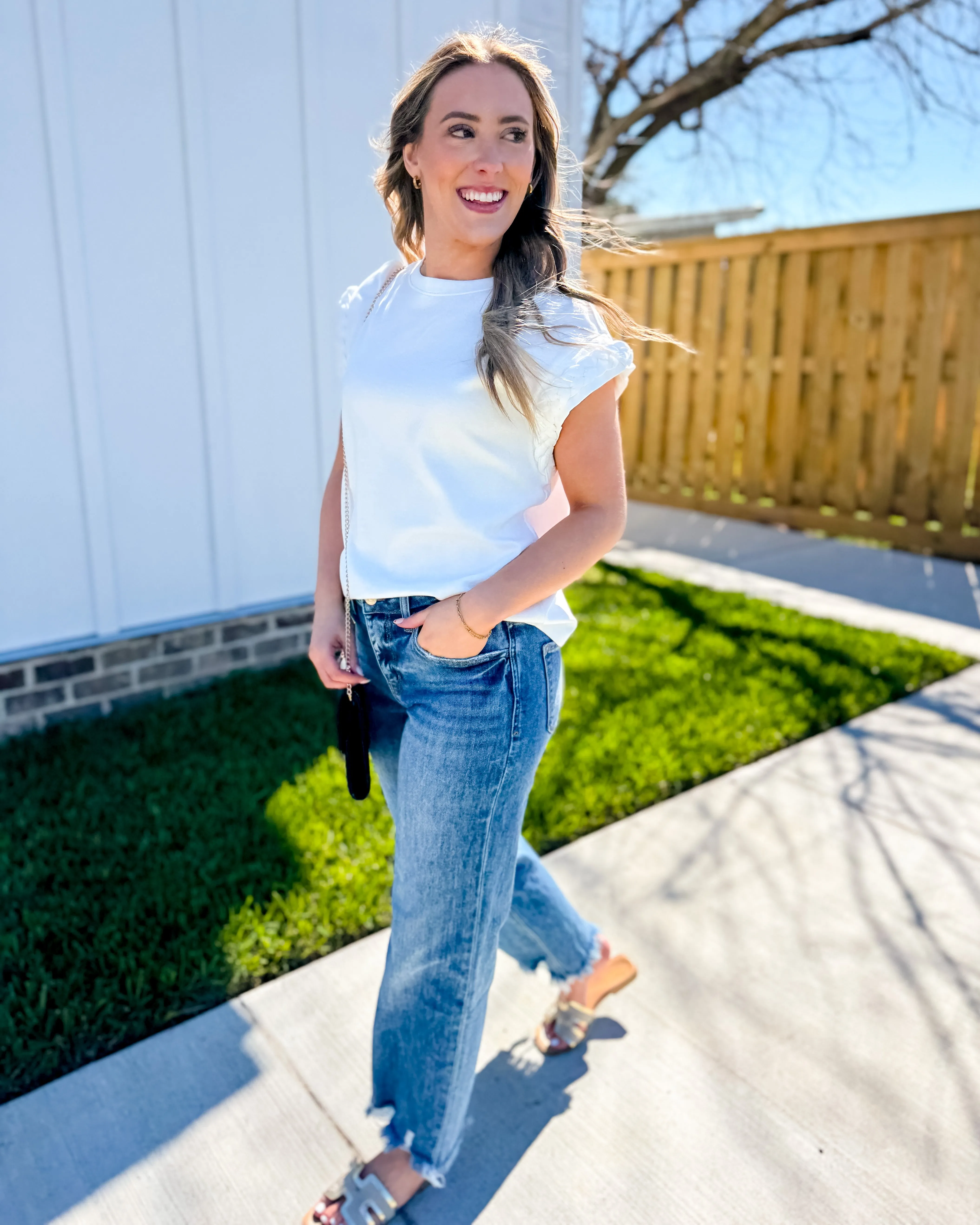 White Solid Cap Sleeve Top with Braided Detail