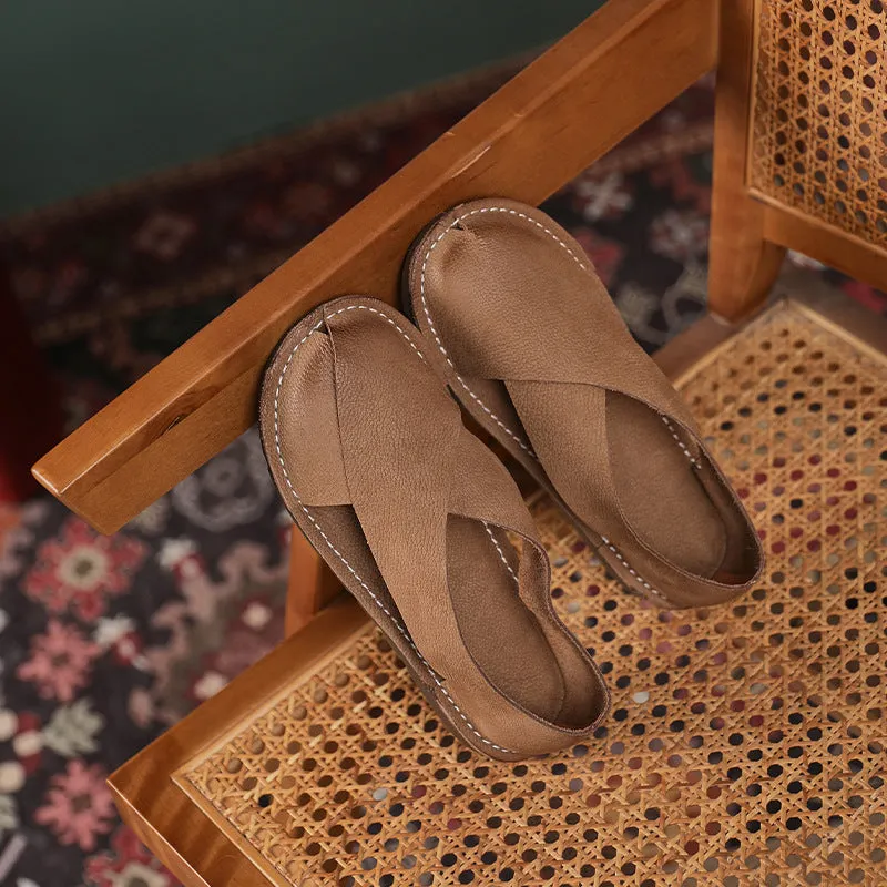 Women Summer Vintage Closed Toe Roman Style Flats Leather Shoes