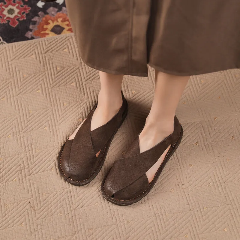 Women Summer Vintage Closed Toe Roman Style Flats Leather Shoes