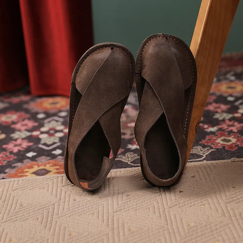Women Summer Vintage Closed Toe Roman Style Flats Leather Shoes