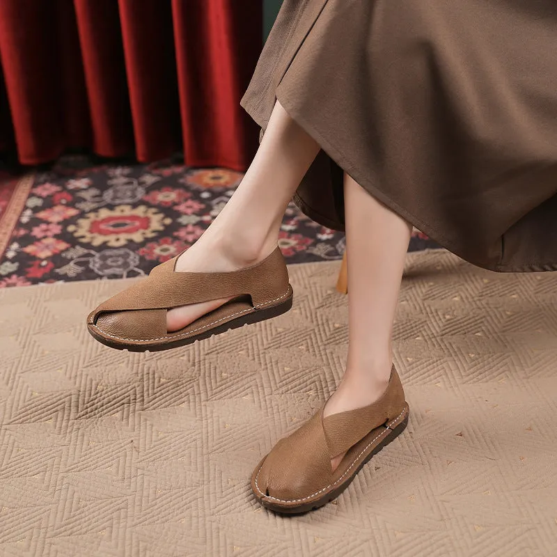 Women Summer Vintage Closed Toe Roman Style Flats Leather Shoes