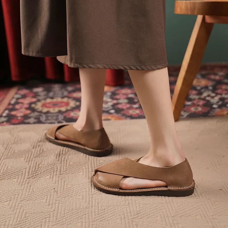 Women Summer Vintage Closed Toe Roman Style Flats Leather Shoes